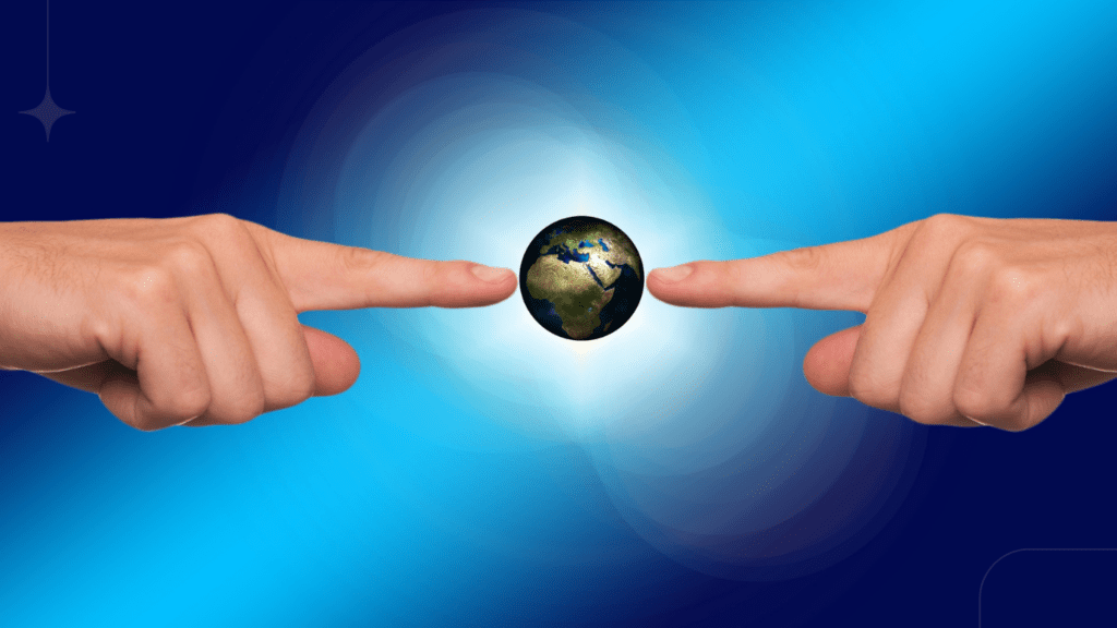 two hands pointing to a globe image