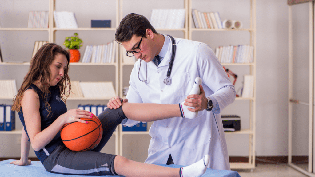 injured woman having first aid